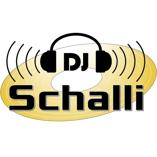 Logo von DJ Schalli, Ihrem Hochzeits DJ Saarland, dargestellt mit Kopfh&ouml;rern und einer goldenen Schallplatte.